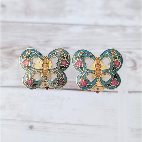 Vintage Clip On Earrings Cloisonné Butterfly Large Statement - Picture 1 of 5